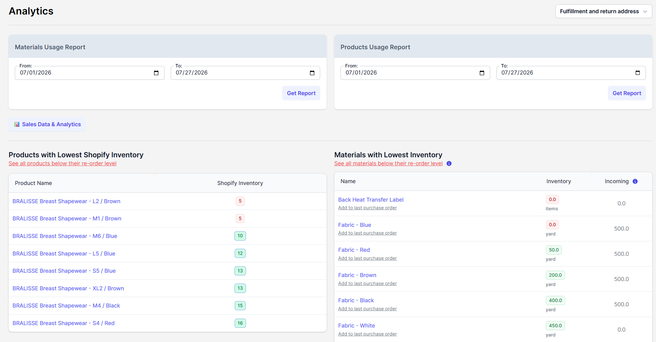 Bralisse reorder view: products and materials below their reorder level