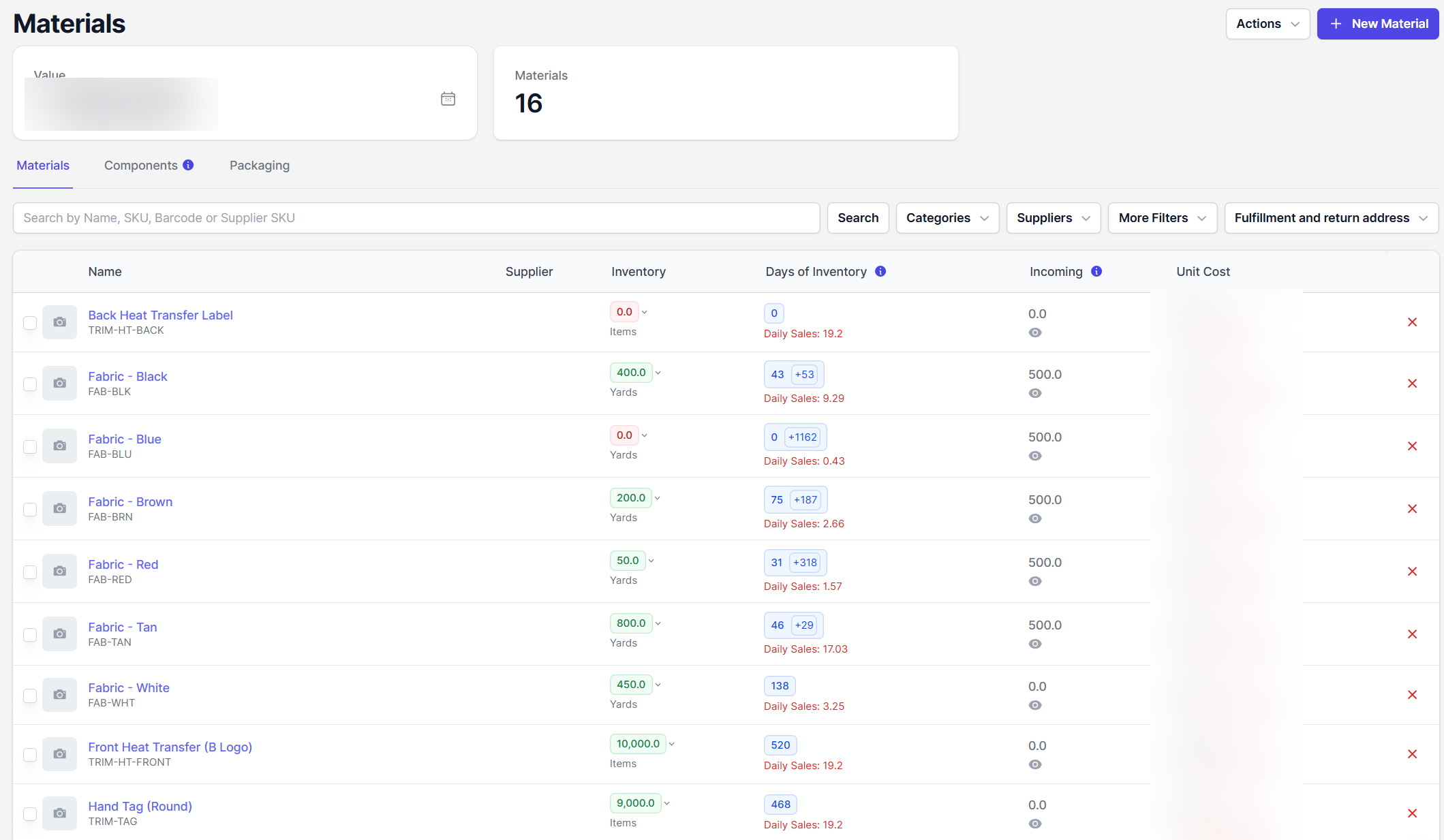 Live material stock: by color, days of inventory, incoming, low-stock flags