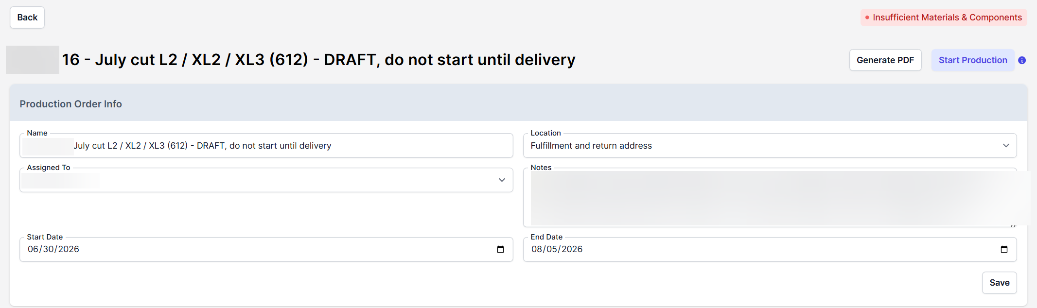 A purchase / production order with suppliers and documents